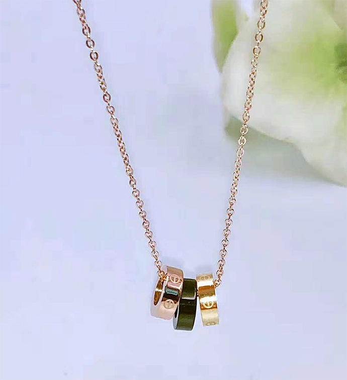 Rose Gold Necklace with Tricolor Rings