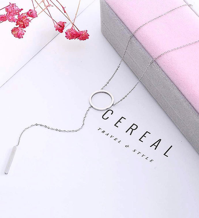 Silver Long Necklace with Circle and Bar