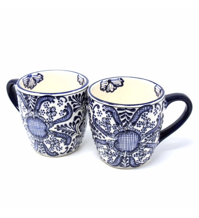 Rounded Mugs - Blue Flowers Pattern, Set of Two - Encantada