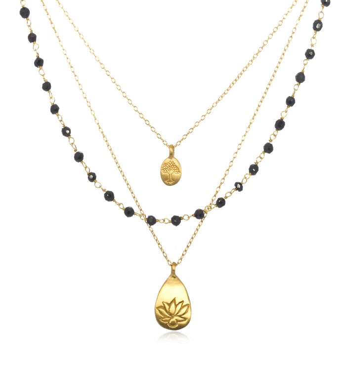 Onyx Gold Lotus Tree Triple Chain Necklace