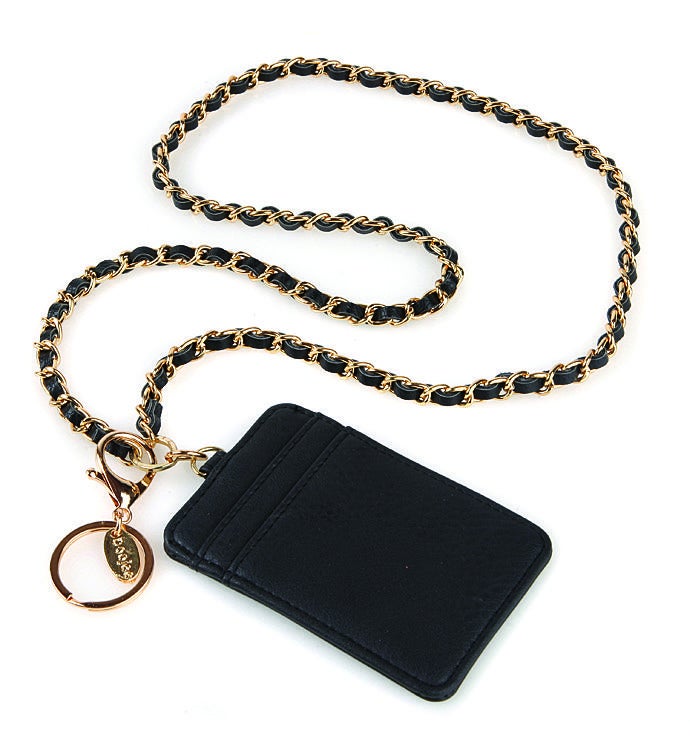 Coco Chain Id Lanyard Wallet In Black And Gold