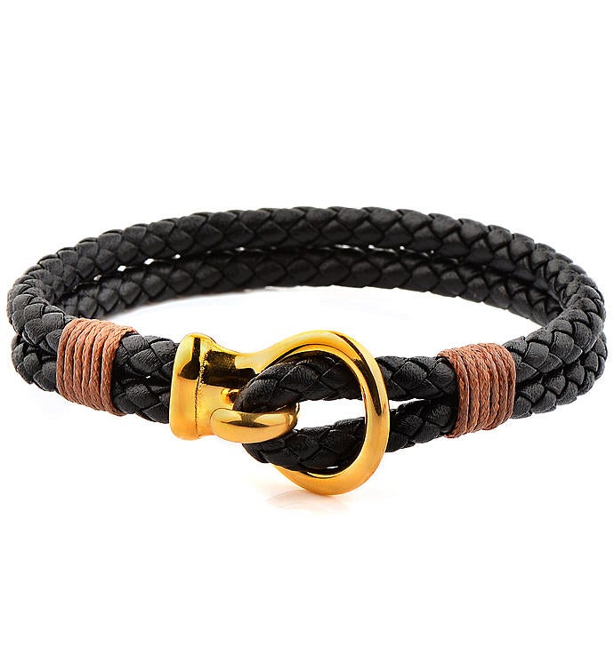 Polished Stainless Steel Hook Clasp Leather Bracelet