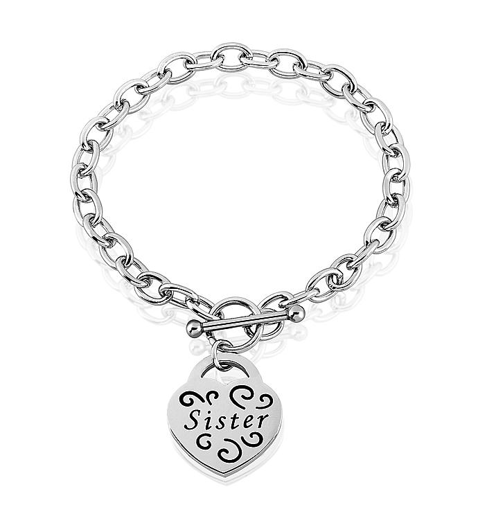 “sister” Engraved Stainless Steel Heart Charm Bracelet