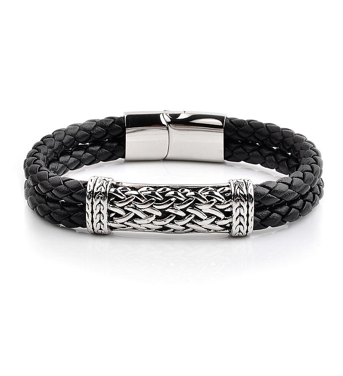Antiqued Stainless Steel Id Braided Leather Bracelet