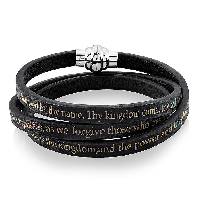 Stainless Steel & Leather Lord’s Prayer Wrap Bracelet