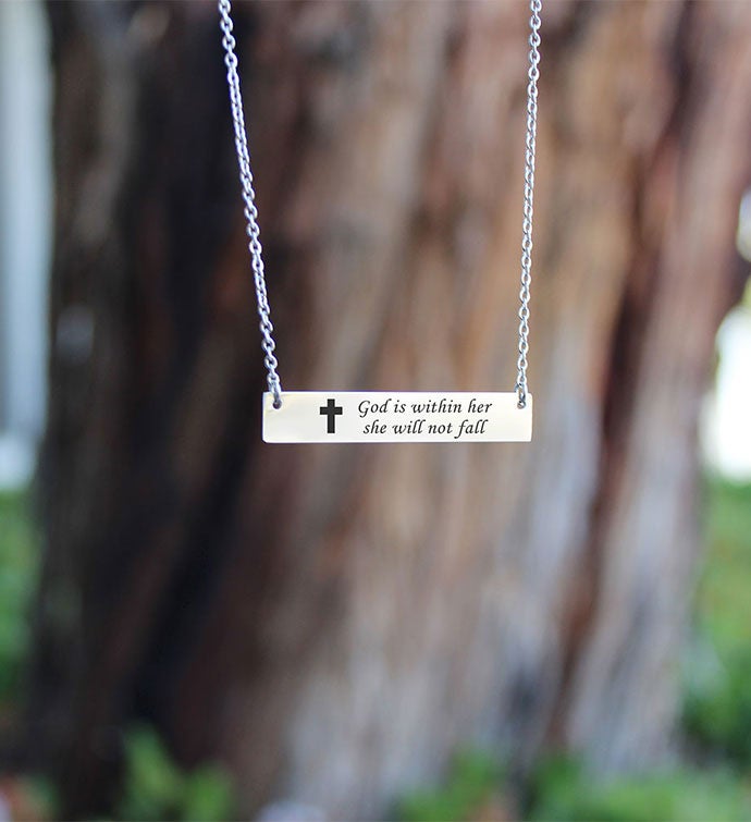 God Is Within Her She Will Not Fall Bar Necklace