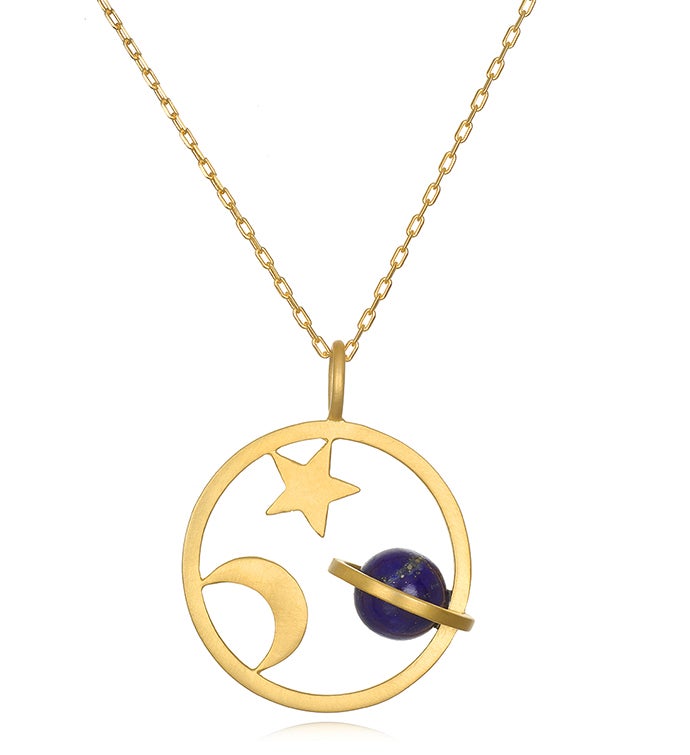 Lapis Gold Saturn, Moon & Star Pendant Necklace 30 inch