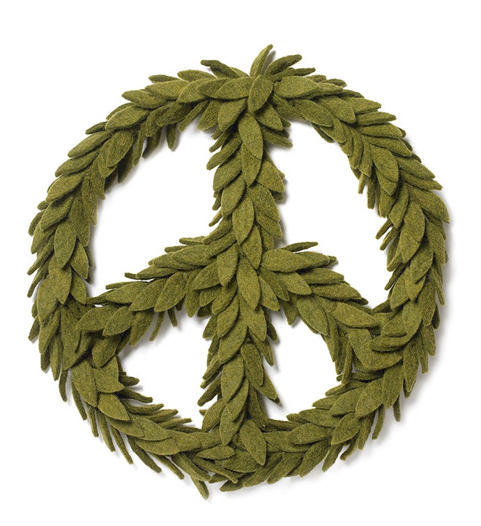 Handmade Hand Felted Wool Wreath   Peace Symbol In Green