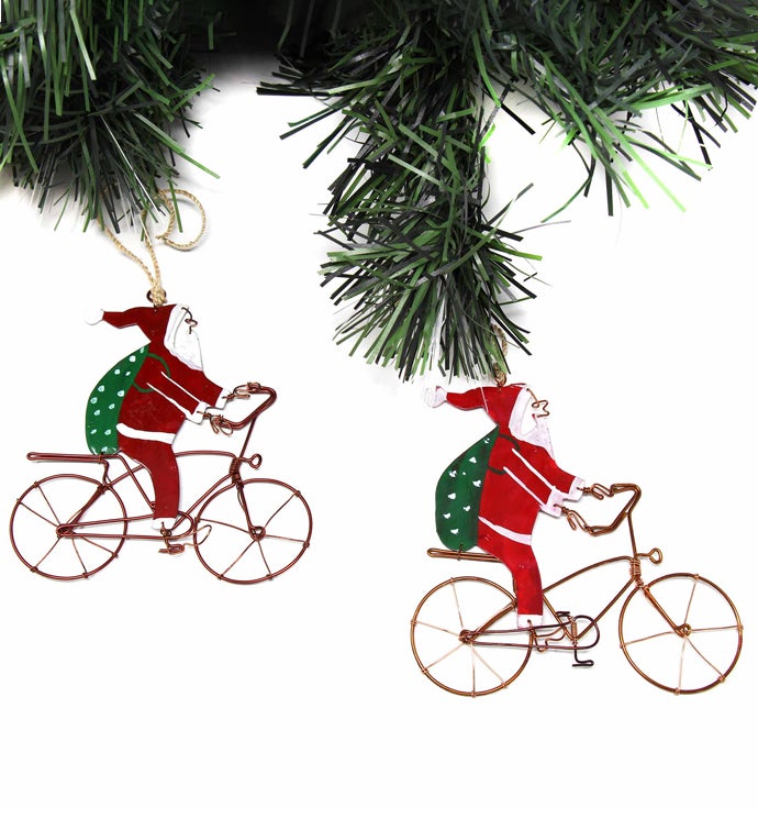 Kenyan Recycled Wire Bike Riding Santa Ornament