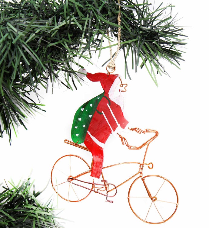 Kenyan Recycled Wire Bike Riding Santa Ornament