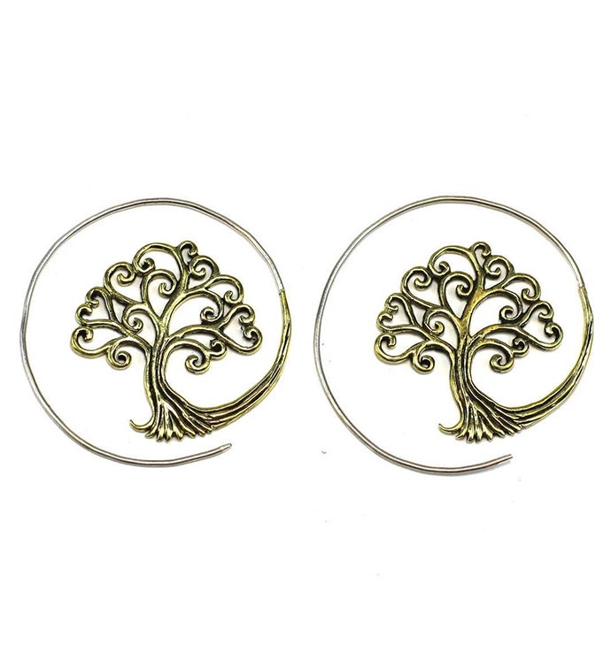 Brass Full Moon Tree of Life Spiral Earrings