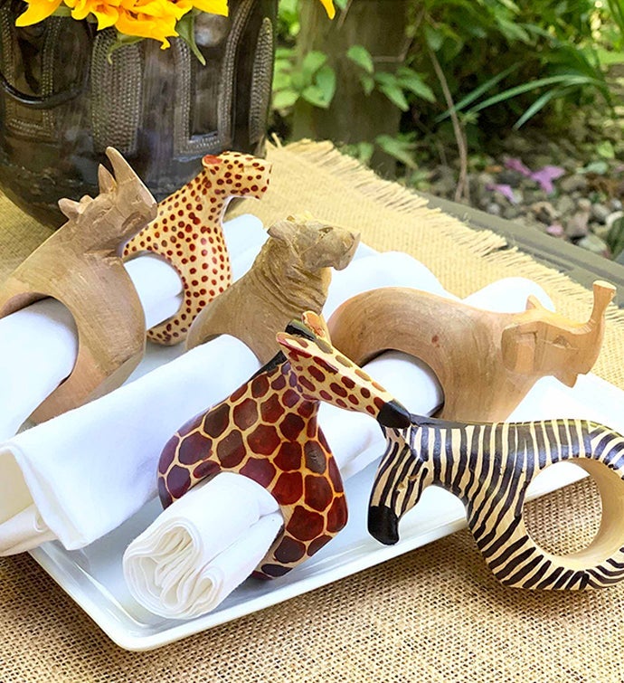 African Mahogany Safari Animal Napkin Rings  Set Of 6