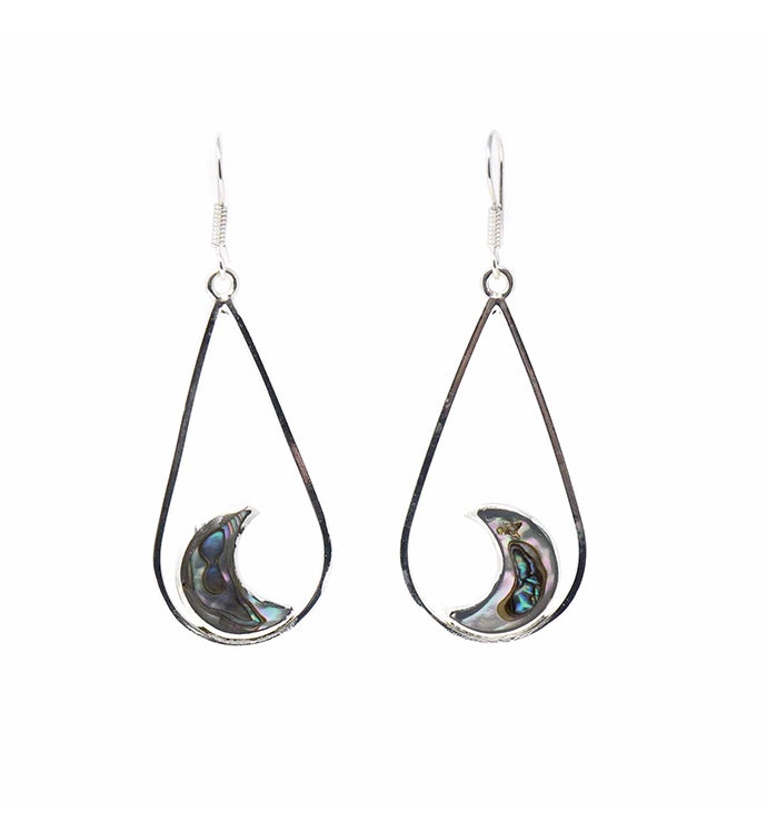 Mexican Taxco Silver Earrings, Teardrop with Abalone Half Moons