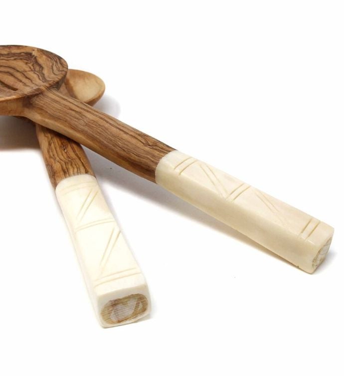 Hand-Carved Olive Wood Serving Set With Bone Handles