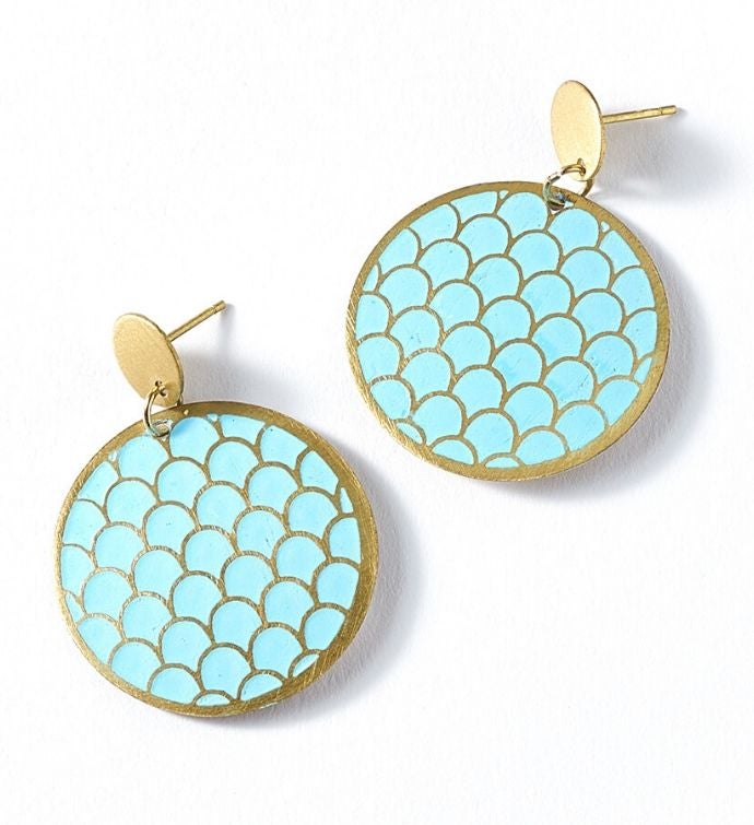 Scalloped Teal Coin Dhavala Earrings