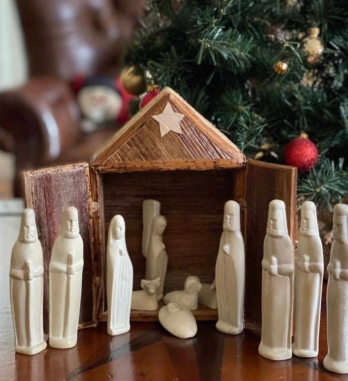 Hand-Carved Soapstone Nativity Set With Barn