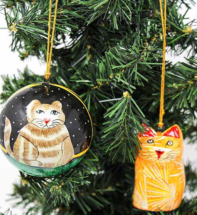 Handpainted Papier-mâché Cat Ornaments (Set of 2)