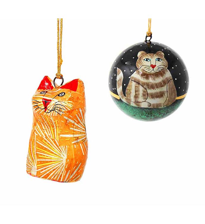 Handpainted Papier mâché Cat Ornaments  Set of 2