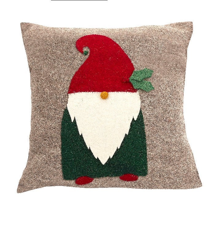 Hand Felted Wool Pillow   Gnome With Red Hat On Gray   20"