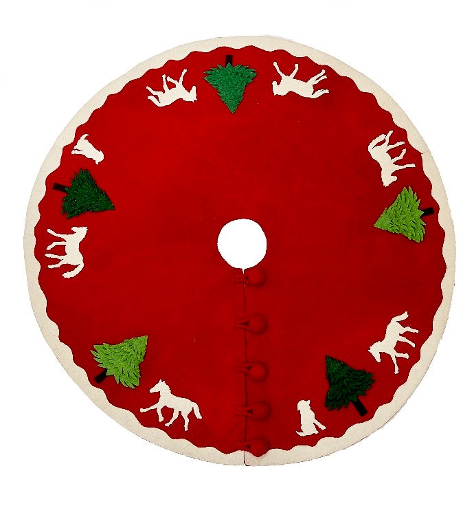 Handmade Christmas Tree Skirt In Hand Felted Wool   Dogs And Horses   60"