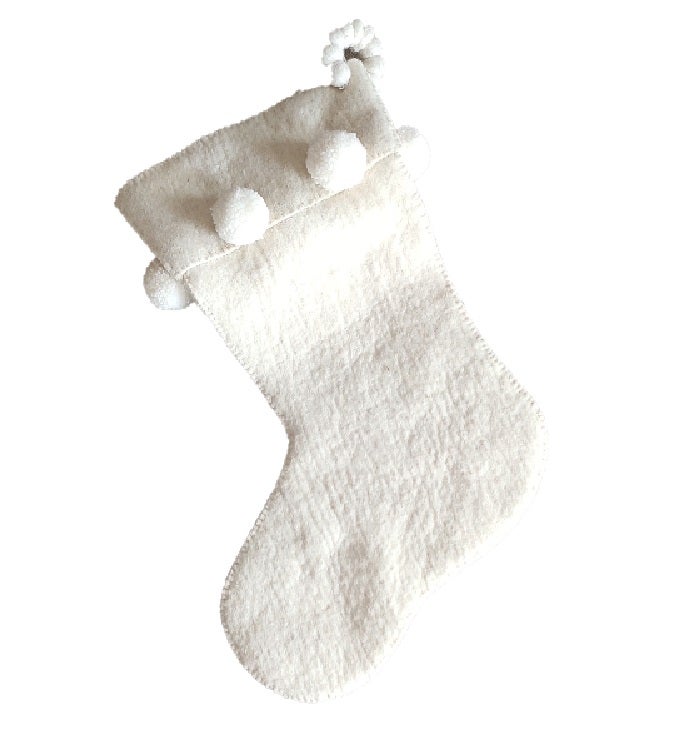 Cream Pom Pom Christmas Stocking in Hand Felted Wool