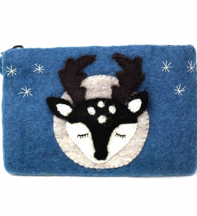 Handmade Starry Night Stag Felt Zipper Pouch