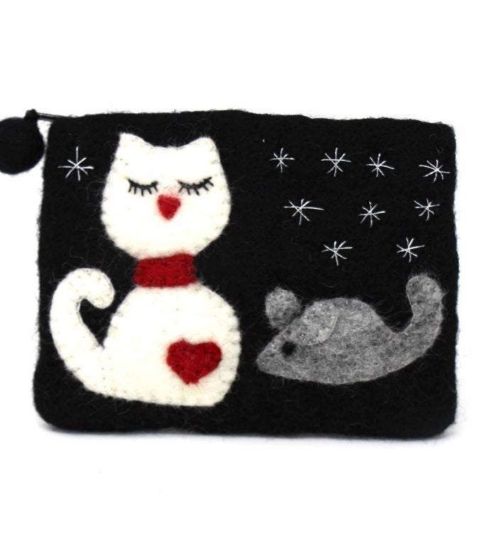 Handmade Cat & Mouse Felt Coin Purse