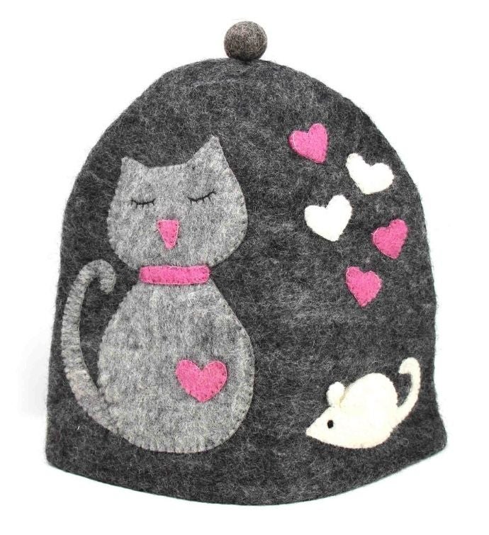 Handmade Felt Cat & Mouse Tea Cozy