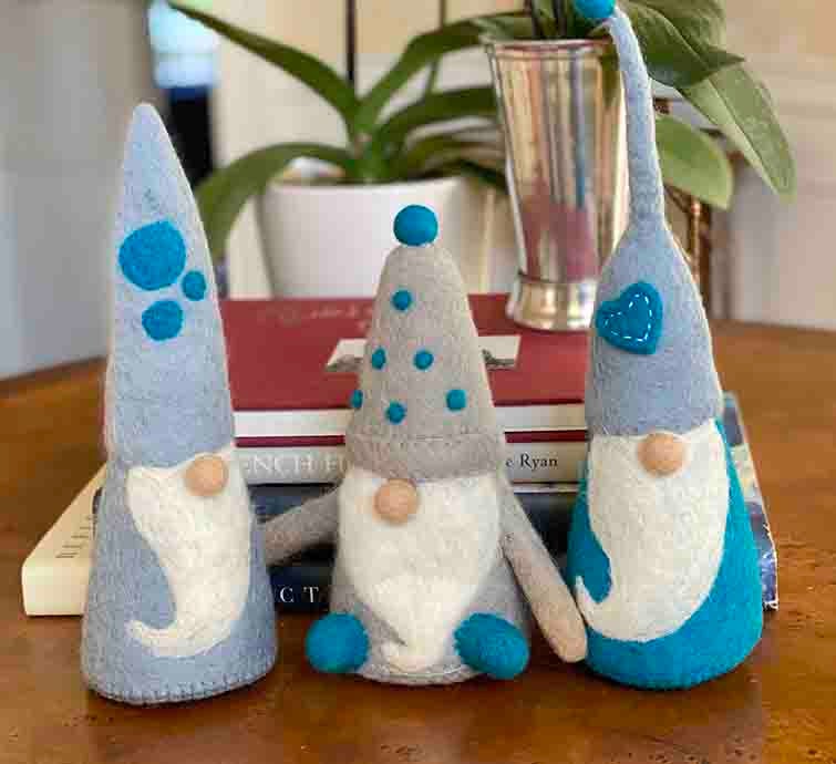 Handmade Felt Winter Blues Gnomes - Set Of 3