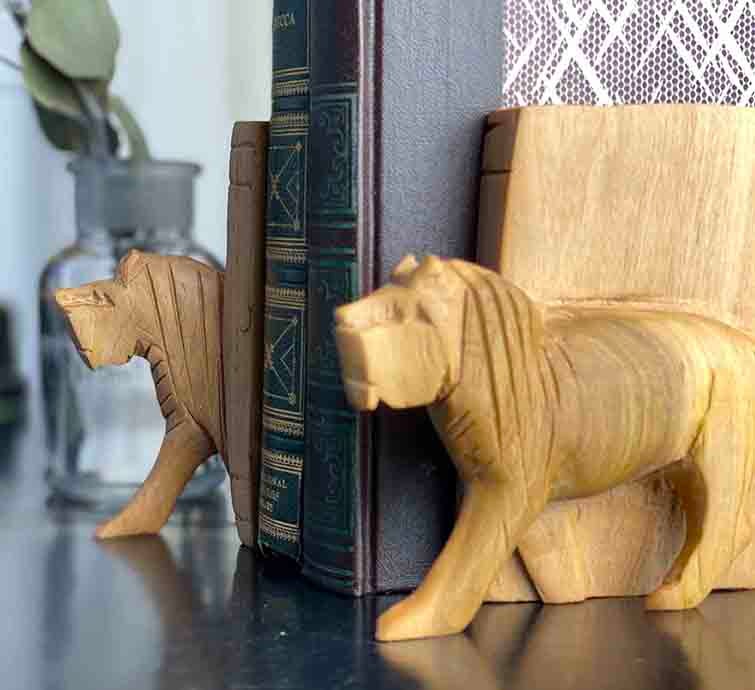 Hand-Carved Lion Book Ends