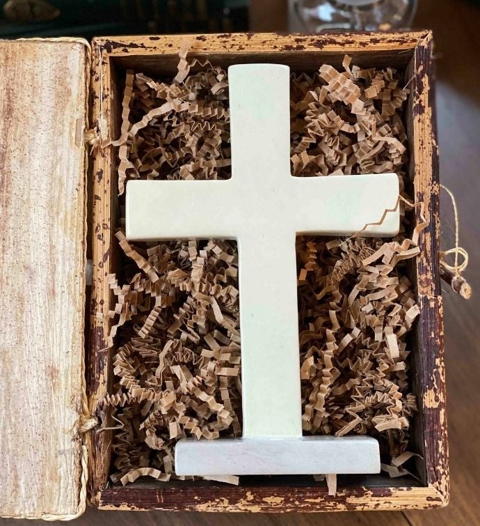 Soapstone Traditional Standing Cross With Banana Fiber Storage Box