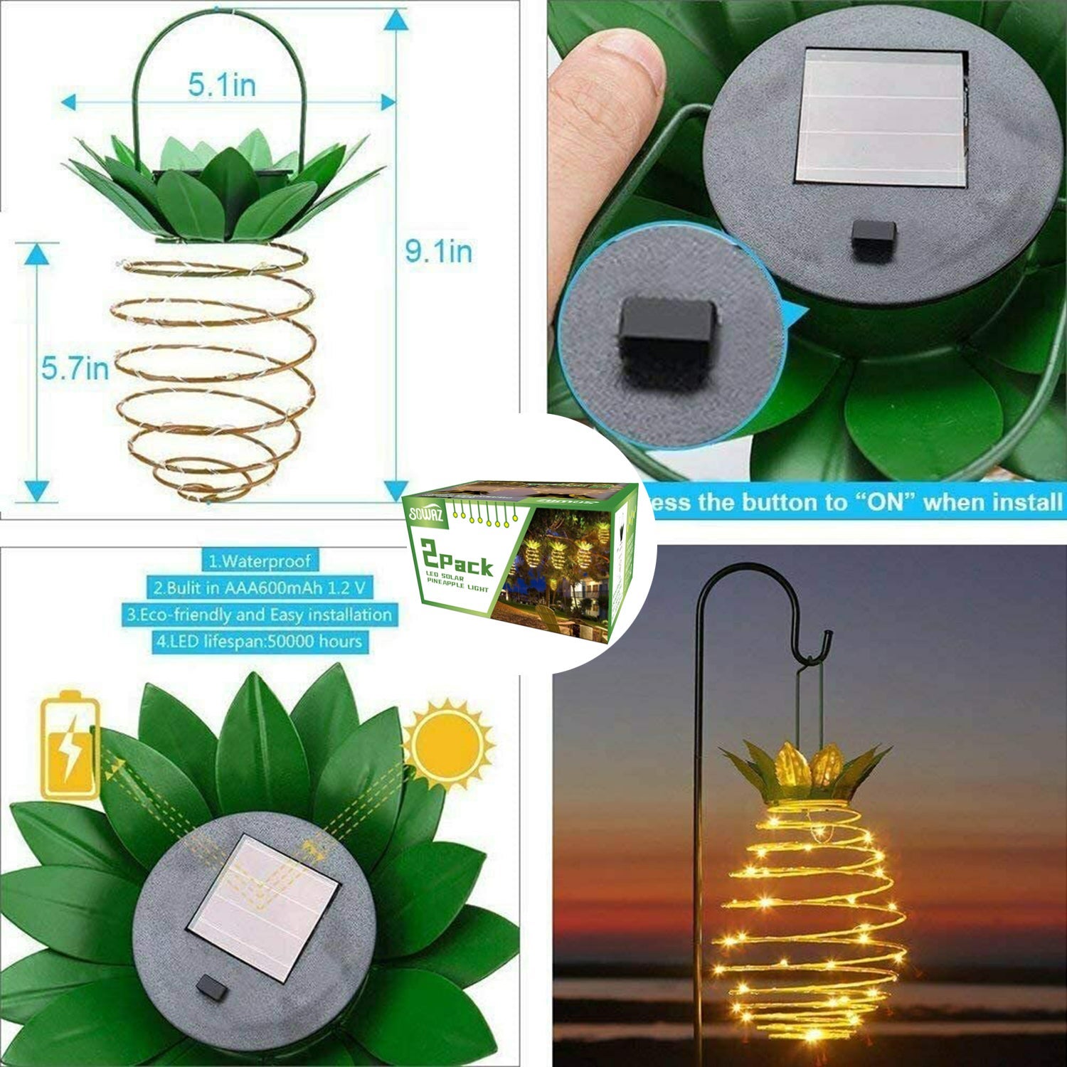 60 Led Hanging Solar Pineapple String Lights