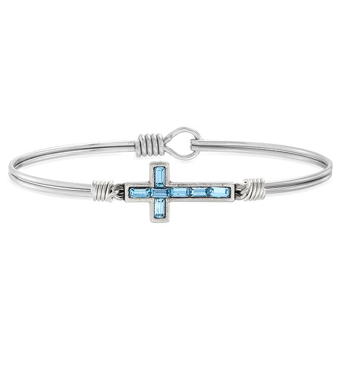 Crystal Baguette Cross Bangle Bracelet In Aquamarine