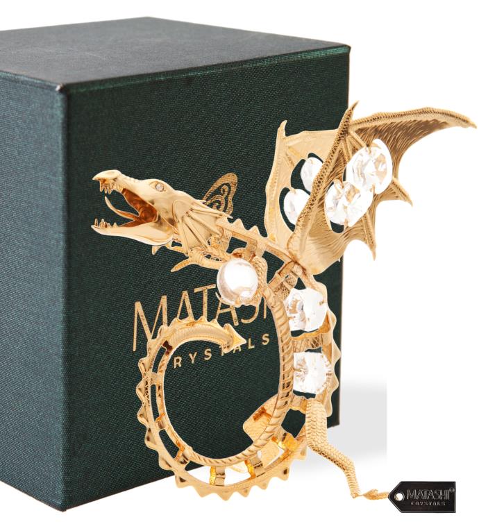 Matashi 24k Gold Plated Dragon Ornament Holding A Crystal Ball W/ Crystals