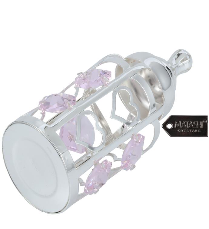 Silver Plated Baby Bottle Ornament With Light Blue Crystals By Matashi