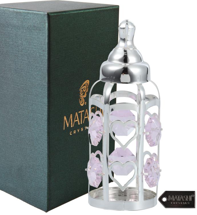 Silver Plated Baby Bottle Ornament With Light Blue Crystals By Matashi