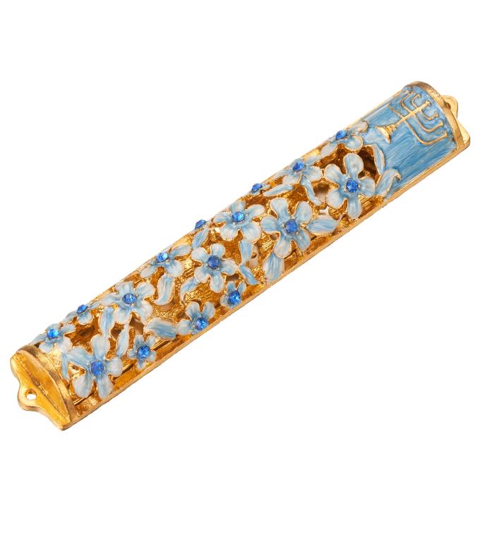 Matashi Hand Painted 5.5" Flower Mezuzah W/ Menorah Design & Crystals