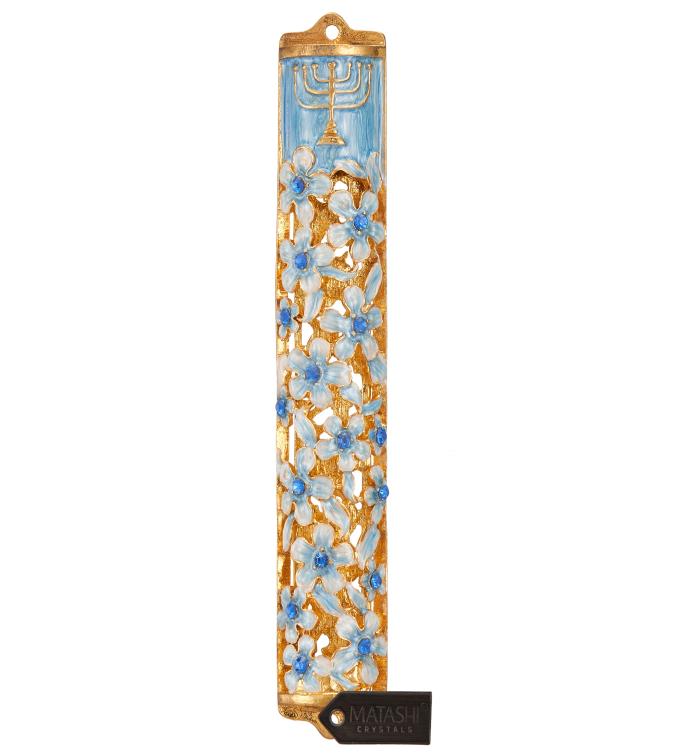 Matashi Hand Painted 5.5" Flower Mezuzah W/ Menorah Design & Crystals