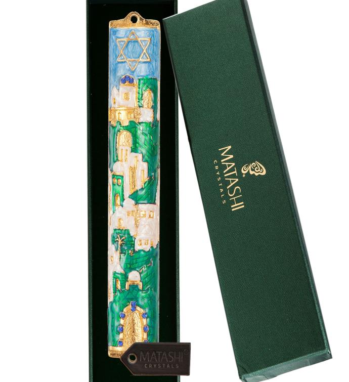 Matashi Hand Painted 5.5" Enamel Jerusalem Cityscape Mezuzah W/ Crystals