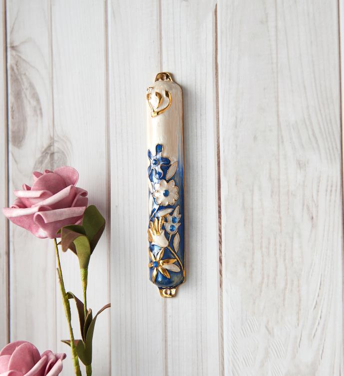 Matashi Hand Painted 5" Enamel Flower Mezuzah W/ Gold Accents & Crystals