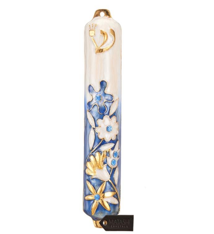 Matashi Hand Painted 5" Enamel Flower Mezuzah W/ Gold Accents & Crystals