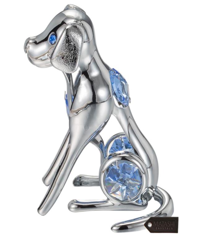 Matashi Chrome Plated Dog With Blue Crystals Decorative Tabletop Ornament