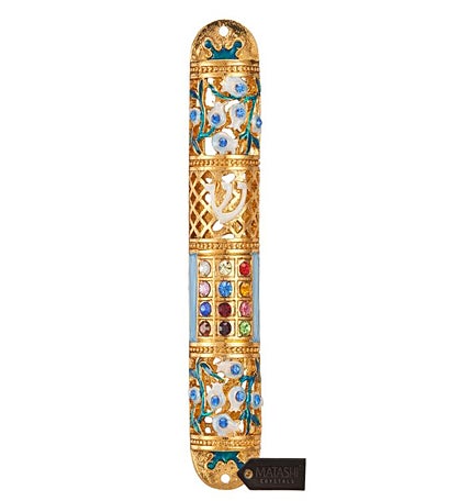 Matashi Hand Painted 6" Enamel Floral Mezuzah W/ Crystals & Gold Accents
