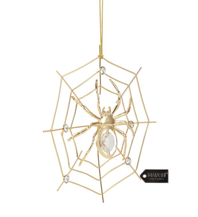 24k Gold Plated Crystal Studded Spider On Spider Web Ornament By Matashi