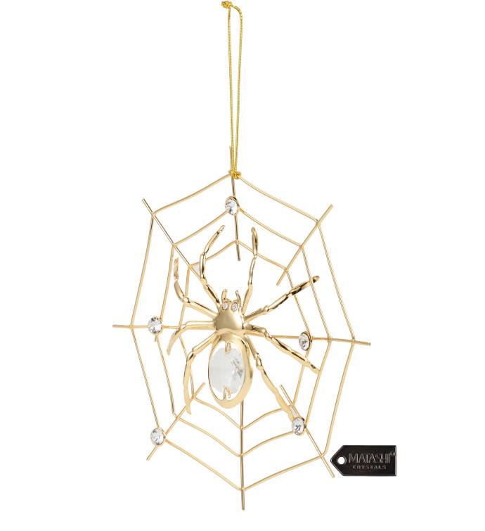 24k Gold Plated Crystal Studded Spider On Spider Web Ornament By Matashi