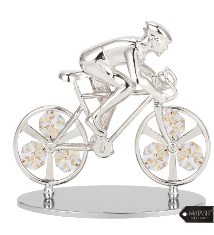 Silver Plated Cyclist On A Bicycle Figurine With Crystals By Matashi