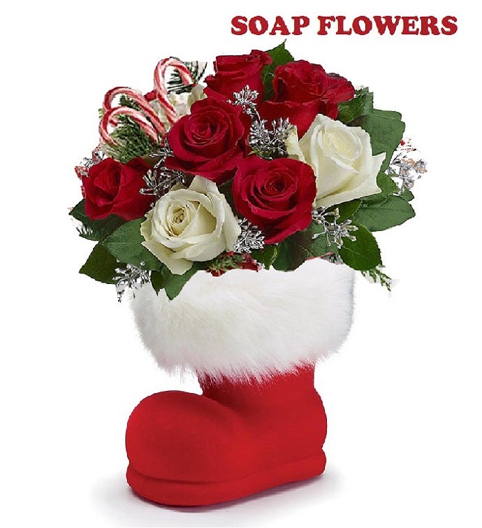 Red Flocked Santa Boot Soap Flower Arrangement