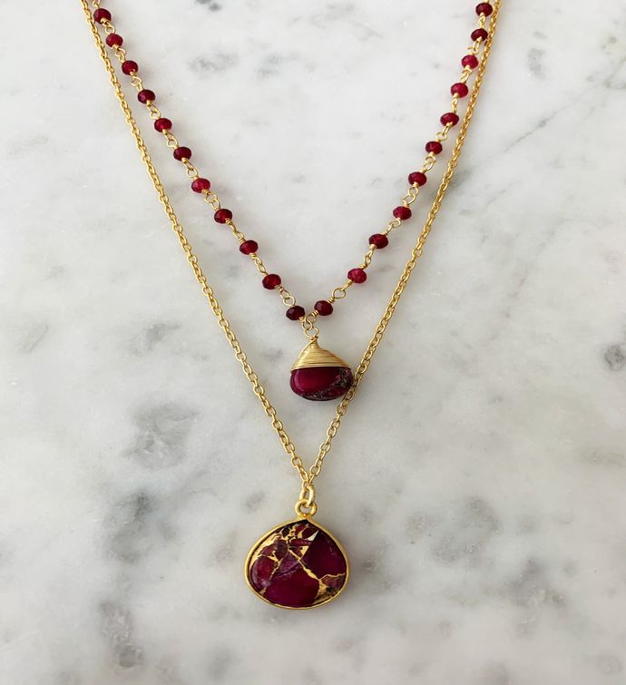 Jill Necklace Gold Ruby Chain With Red Mojave Copper Turquoise Pendant