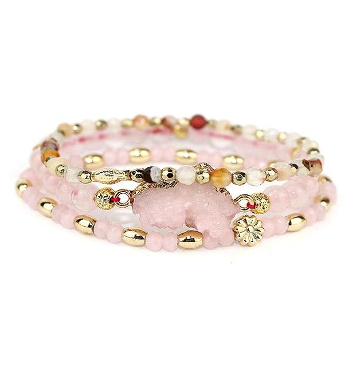 Pink Druzy With Gold And Crystal Bead Mix 3 Stretch Bracelet Set