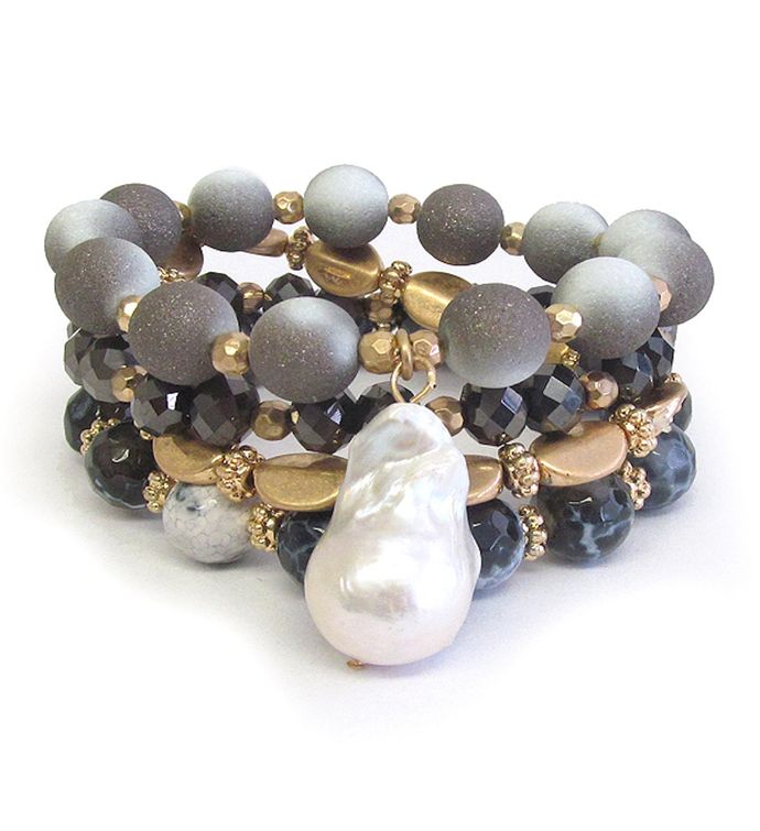 Baroque Freshwater Pearl And Soap Stone Stretch Bracelet Set Of 4